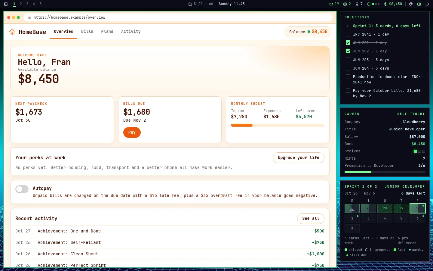 HomeBase, the in-game banking app, with paycheck, bills and budget.