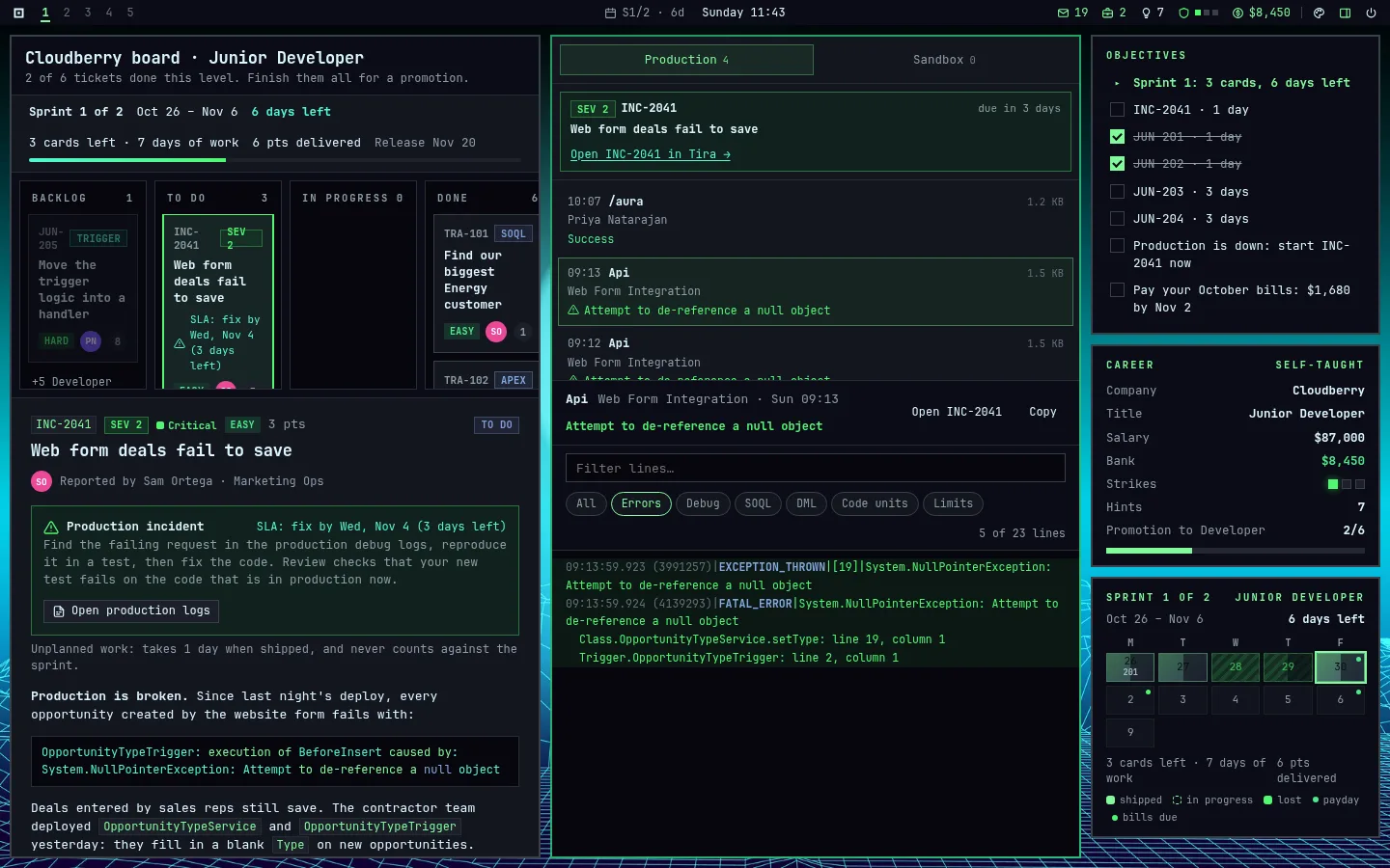 A production incident in Tira next to the Debug Logs app showing a NullPointerException.