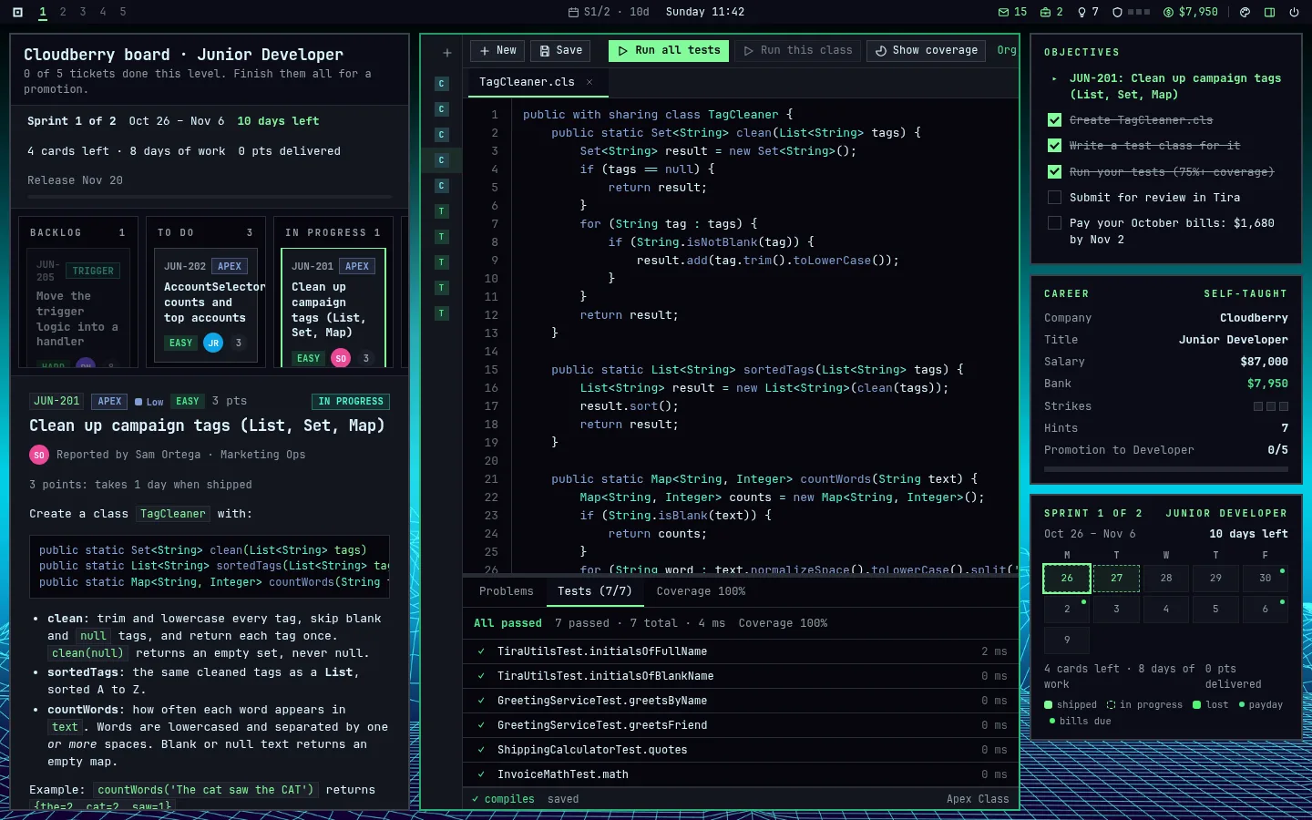 The game desktop: a Tira ticket on the left, Apex Studio with the TagCleaner class and 7 of 7 tests passing, and the objectives panel on the right.
